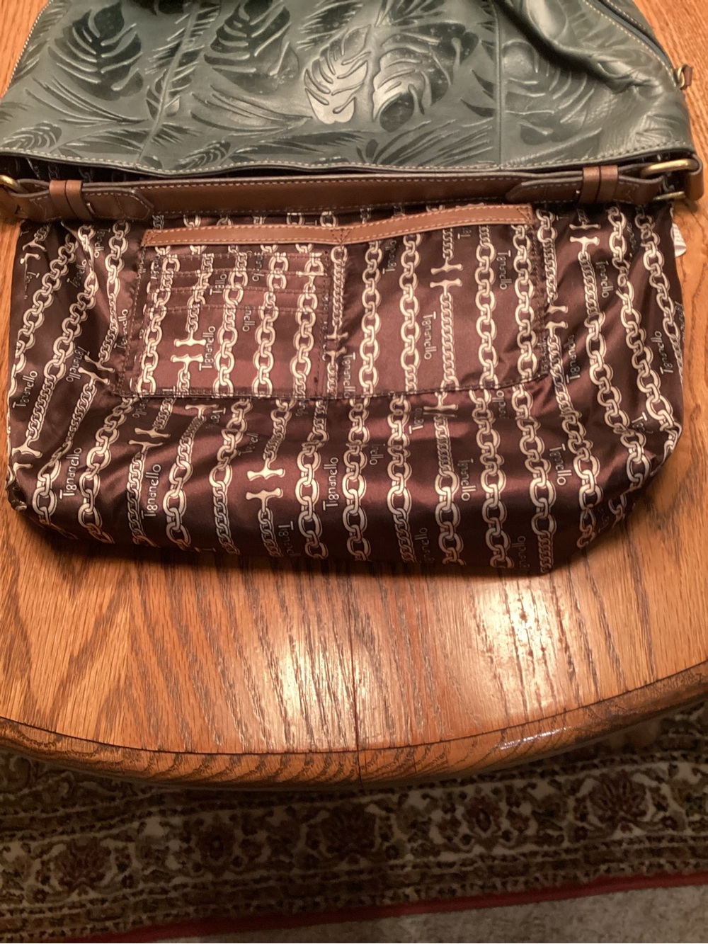 Tignanello Leather  Embossed Leaf Tote in Teal with Brown Trim - Picture 7 of 8